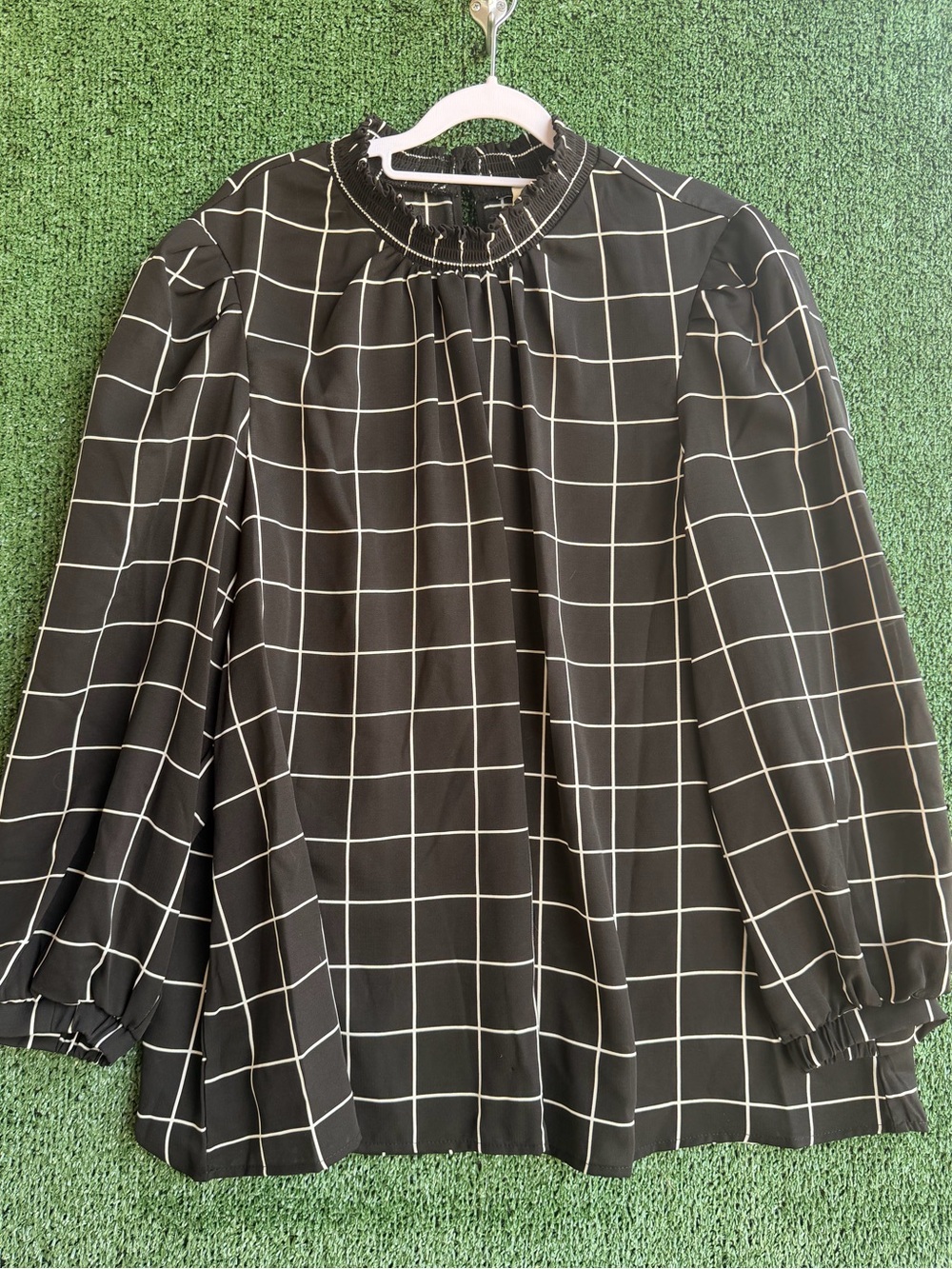 Melloday Classic Black Grid Blouse with Smocked Neck 2x NWT
